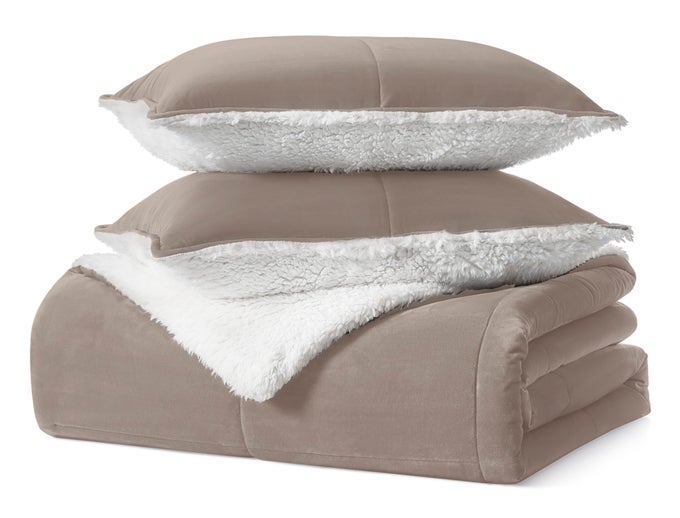 BLISSFUL COMFORTER SET WITH 2 PILLOW SHAMS REVERSIBLE WHITE COMFORTER PLUSH FLUFFY WARM BED SET PREMIUM HYPOALLERGENIC DOWN ALTERNATIVE BEDDING BREATHABLE KINGCALIFORNIA KING BROWN FAWN