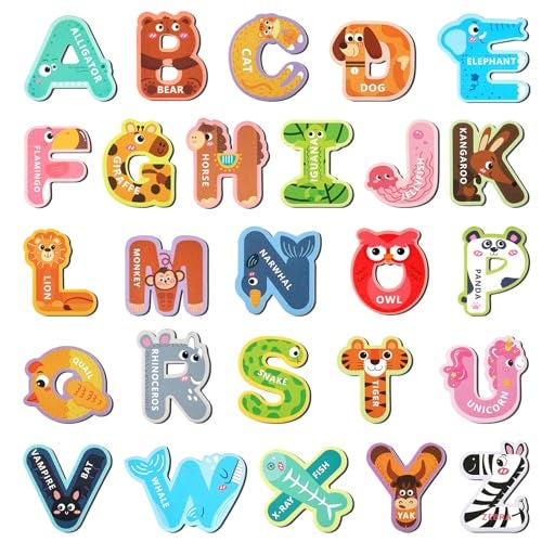 MOWPOG Magnetic Letters 26 Animal Alphabet Magnets Fun Preschool Learning Toy Large Fridge Magnets for Spelling Games Ideal Educational Gift for Toddlers Uppercase Letter - Image 1