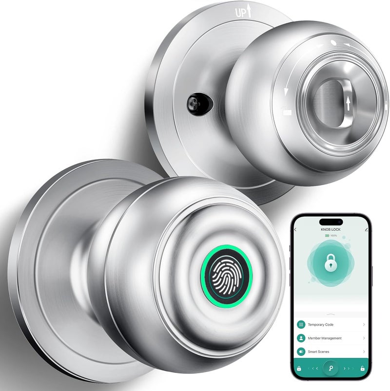 KLLOQUE Fingerprint Door Lock, Smart Fingerprint Door Knob with Lock, Biometric Door Locks with App Control & Key, Keyless Thumbprint Entry Door Locks for Bedroom, Front Door, Home, Apartment-Silver - Image 1