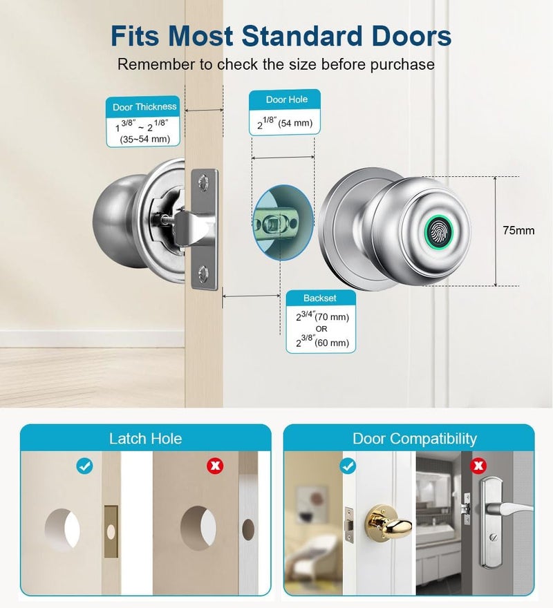 KLLOQUE Fingerprint Door Lock, Smart Fingerprint Door Knob with Lock, Biometric Door Locks with App Control & Key, Keyless Thumbprint Entry Door Locks for Bedroom, Front Door, Home, Apartment-Silver - Image 5