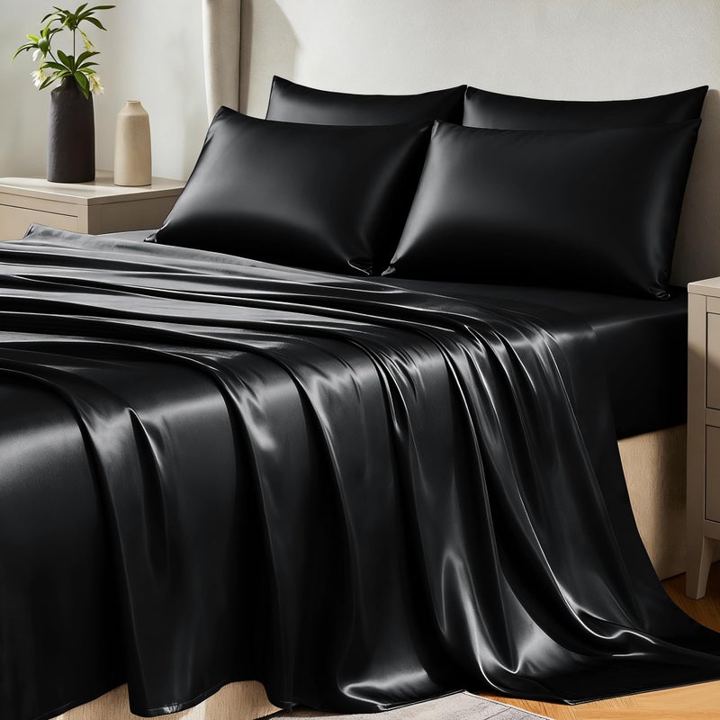 CozyLux Satin Sheets Queen Size Bed Set 6 Piece Silky Queen Sheet Set Luxury Black Queen Sheets with Smooth and Soft Microfiber Includes 1 Fitted Sheet 1 Flat Sheet and 4 Pillowcases