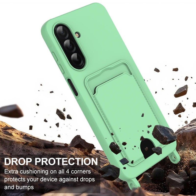 erorex For Samsung Galaxy S25 FE 5G Integrated Card Bag Solid Color Liquid Silicone Phone Case Gen2 with Short Lanyard(Green) - Image 5