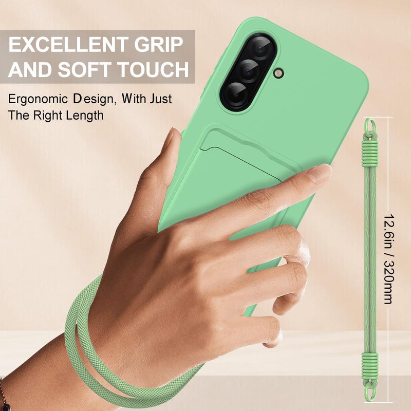 erorex For Samsung Galaxy S25 FE 5G Integrated Card Bag Solid Color Liquid Silicone Phone Case Gen2 with Short Lanyard(Green) - Image 3