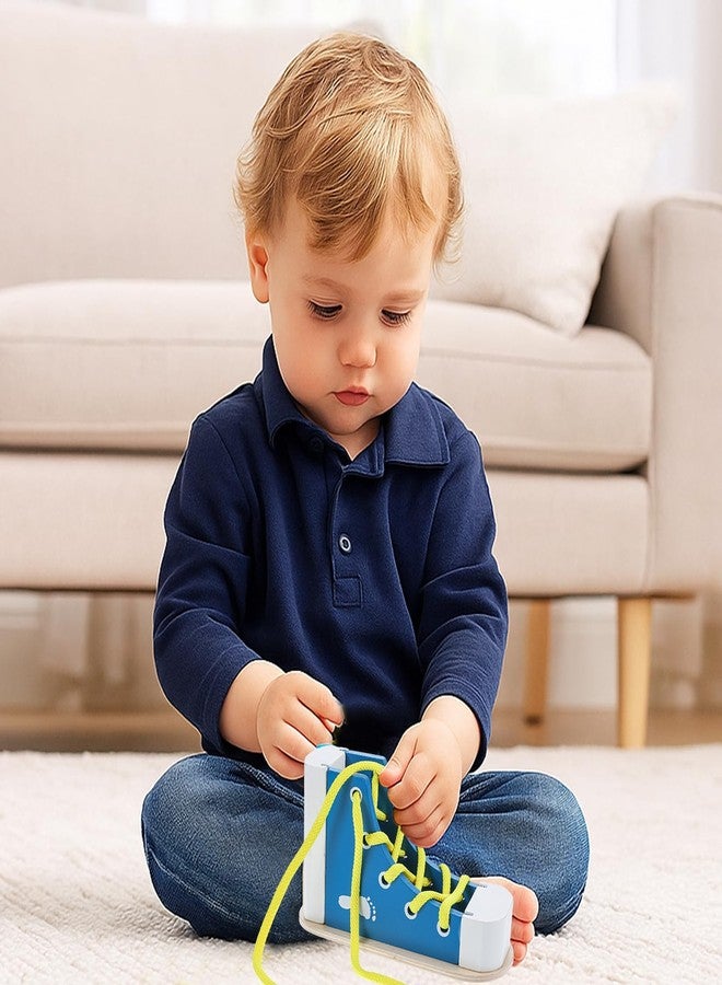 Heclia Learn to Tie Shoes for Kids Wooden Lacing Sneaker Educational Toy Safe & Reusable Wooden Shoe Tying Practice Kit Wood Lacing Sneaker Toy for Tie-Up Shoe Practice Threading Montessori Toys(Blue) - Image 5