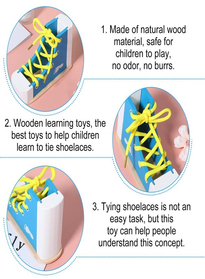 Heclia Learn to Tie Shoes for Kids Wooden Lacing Sneaker Educational Toy Safe & Reusable Wooden Shoe Tying Practice Kit Wood Lacing Sneaker Toy for Tie-Up Shoe Practice Threading Montessori Toys(Blue) - Image 3