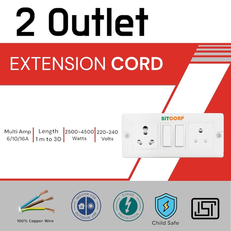 BITCORP Bitcorp Extension Cord 2500W 6A 16A 20A Spike Guard Thermal Protection 2 Way Multi Pin Outlet 2 Switch Power Cord with 1 Meter Long Wire Cable Suitable for Small and Heavy Duty Appliance  - Image 2