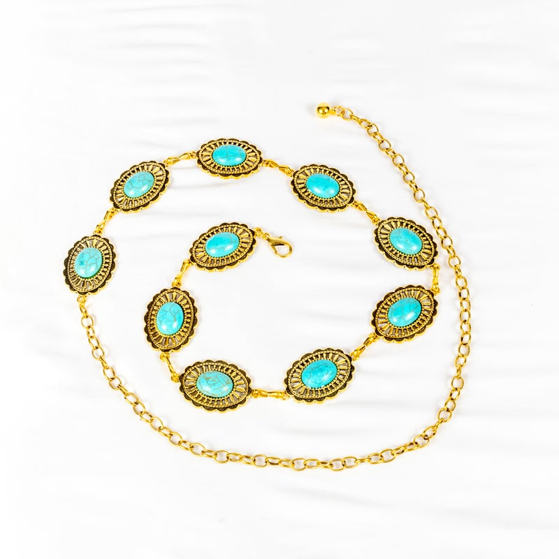 The Black Pearl Accessories Golden Turquoise Stone Metal Waist Belt For Her - Image 1