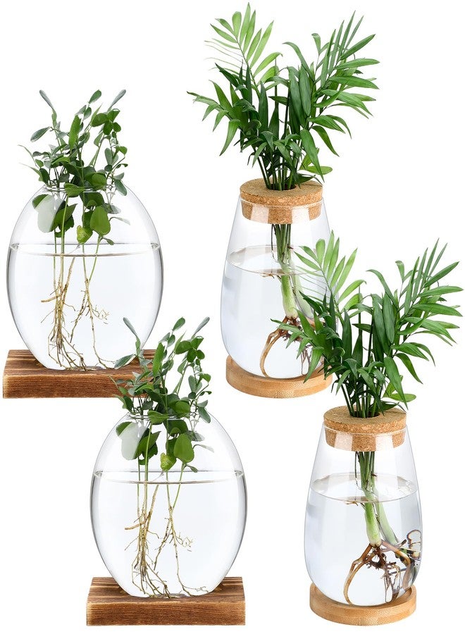 Layhit مجموعة لايهيت المكونة من 4 قطع من محطات تكاثر النباتات، عبارة عن مزهرية زجاجية منفصلة لزراعة النباتات على سطح المكتب مع غطاء خشبي وحامل من الخيزران، مناسبة للزراعة المائية، لتزيين سطح المكتب المنزلي أو المكتبي (تصميم لطيف). - Image 1