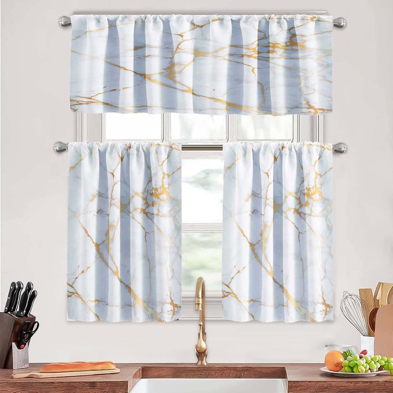 MCALK Luxury Gold Marble Kitchen Curtains Tiers and Valances Set 3 Piece for Windows White Background Kitchen Window Curtains Set,Modern Vintage Style Valances for Living Room(36" Tiers Set) - Image 1