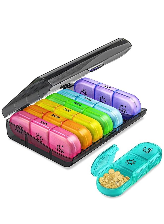 NIBEMINENT Weekly Pill Organizer 3 Times A Day, Portable Travel Pill Box 7 Day with Large Compartments, Portable Travel Pill Case for Vitamins, Medicine, Fish Oils, Supplements (Black Shell, Color Box) - Image 1