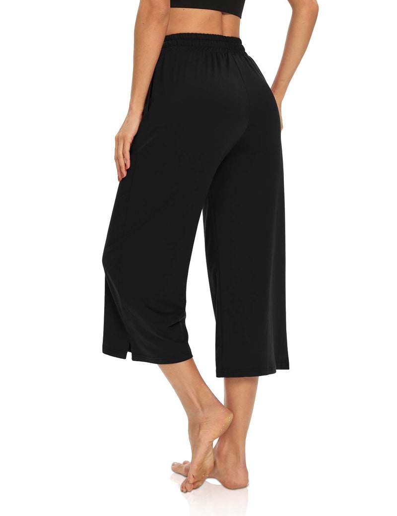 DIBAOLONG Womens Capri Pants Loose Yoga Pants Wide Leg Drawstring Comfy Lounge Pajama Capris Sweatpants with Pockets Black XL - Image 5