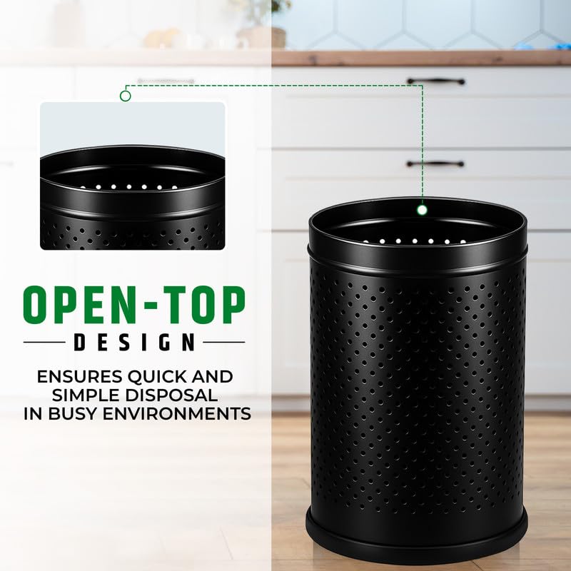 Robustt Stainless Steel Perforated Design Open Top Dustbin - 6L | 7 Inch (W) x 10Inch (H)| Black Trash Can with Anti-skid Base | For Bathroom, Bedroom, Kitchen & Toilet or Commericial Use - Pack of 2 - Image 2