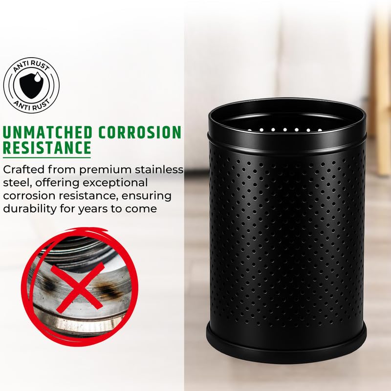 Robustt Stainless Steel Perforated Design Open Top Dustbin - 6L | 7 Inch (W) x 10Inch (H)| Black Trash Can with Anti-skid Base | For Bathroom, Bedroom, Kitchen & Toilet or Commericial Use - Pack of 2 - Image 5
