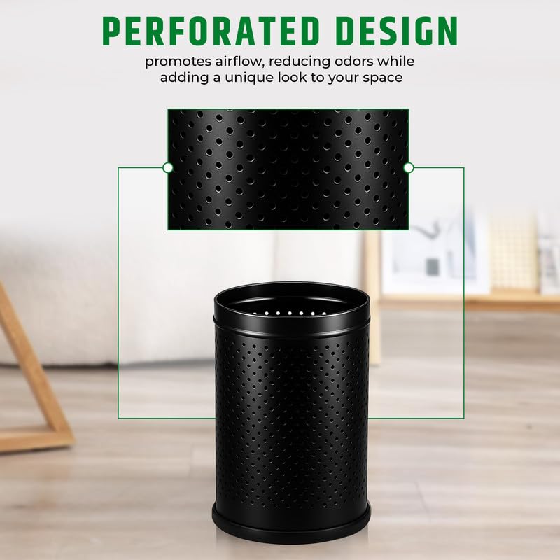 Robustt Stainless Steel Perforated Design Open Top Dustbin - 6L | 7 Inch (W) x 10Inch (H)| Black Trash Can with Anti-skid Base | For Bathroom, Bedroom, Kitchen & Toilet or Commericial Use - Pack of 2 - Image 4