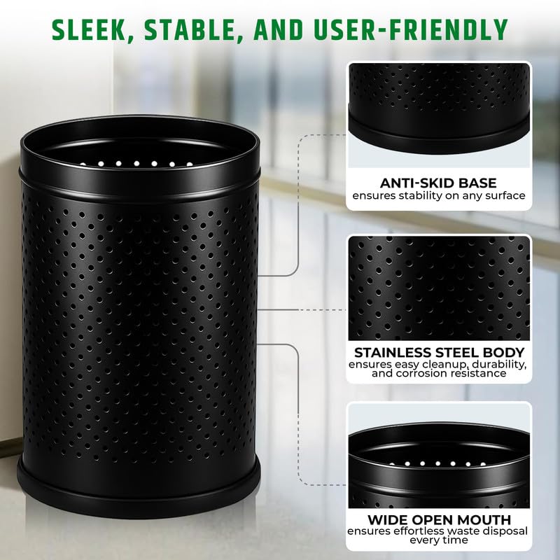 Robustt Stainless Steel Perforated Design Open Top Dustbin - 6L | 7 Inch (W) x 10Inch (H)| Black Trash Can with Anti-skid Base | For Bathroom, Bedroom, Kitchen & Toilet or Commericial Use - Pack of 2 - Image 3