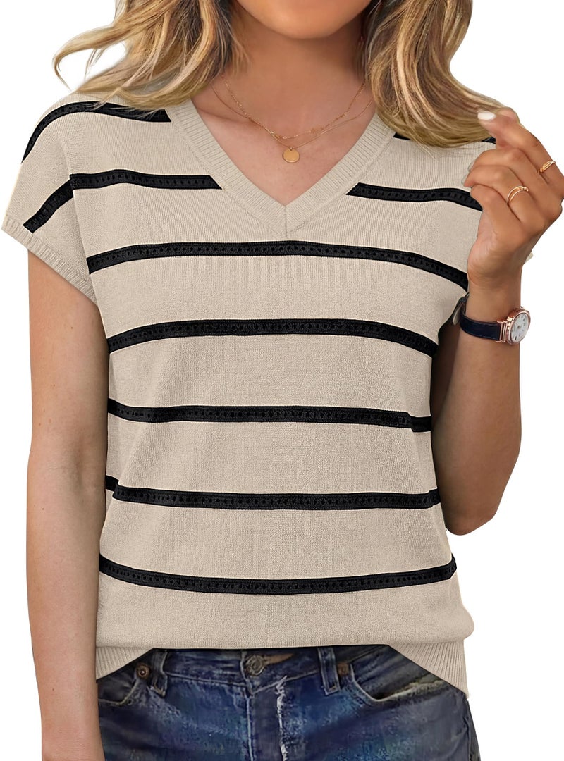 WIHOLL Short Sleeve Tops for Women Trendy Summer Outfits Spring Fashion Clothing Womens Sweaters Dressy Resort Wear 2026 Business Casual Tops V Neck Tshirts Shirts Black Apricot L - Image 3