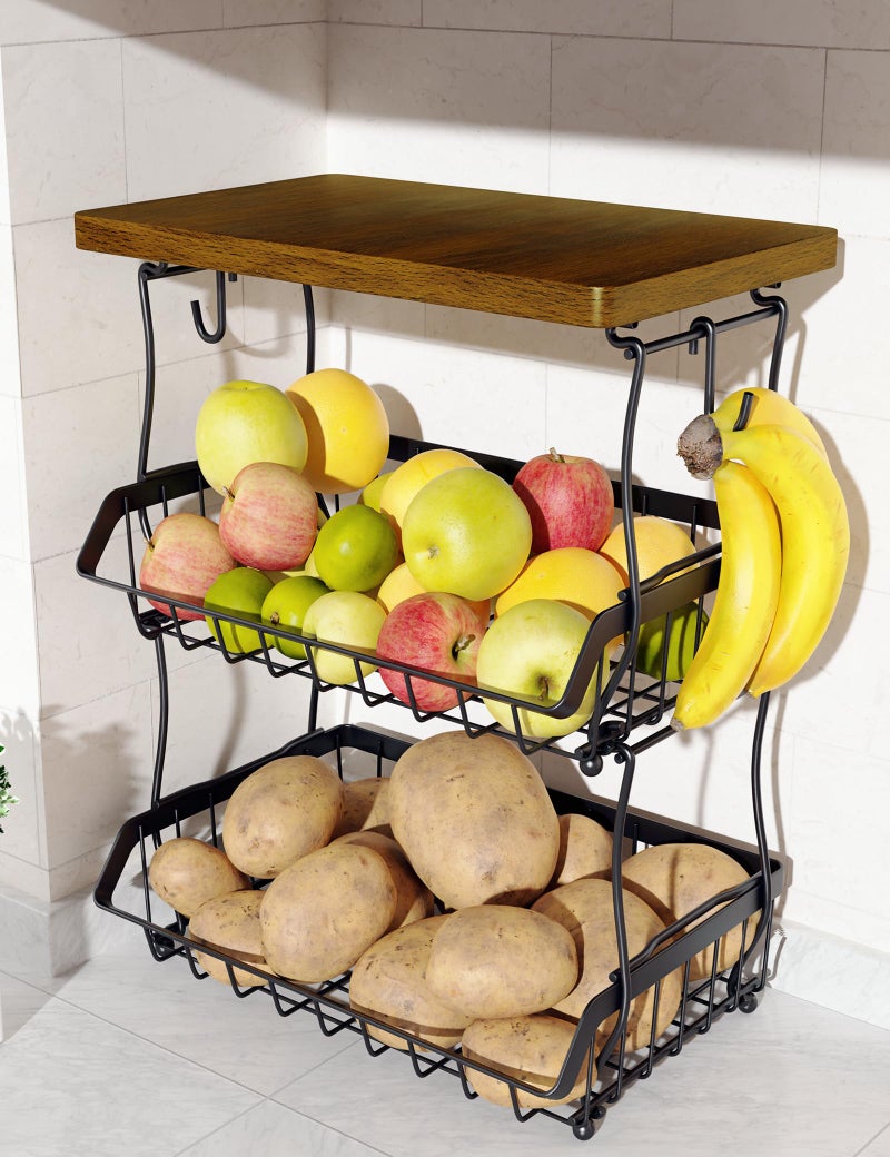 OKZEST 3Tier Fruit Basket for Kitchen Counter with Banana Hangers Countertop Organizer Fruit Bowls with Wood Top Fruit Storage Basket Stand for Storage Potato Onion Bread Snack Fruit Veggie