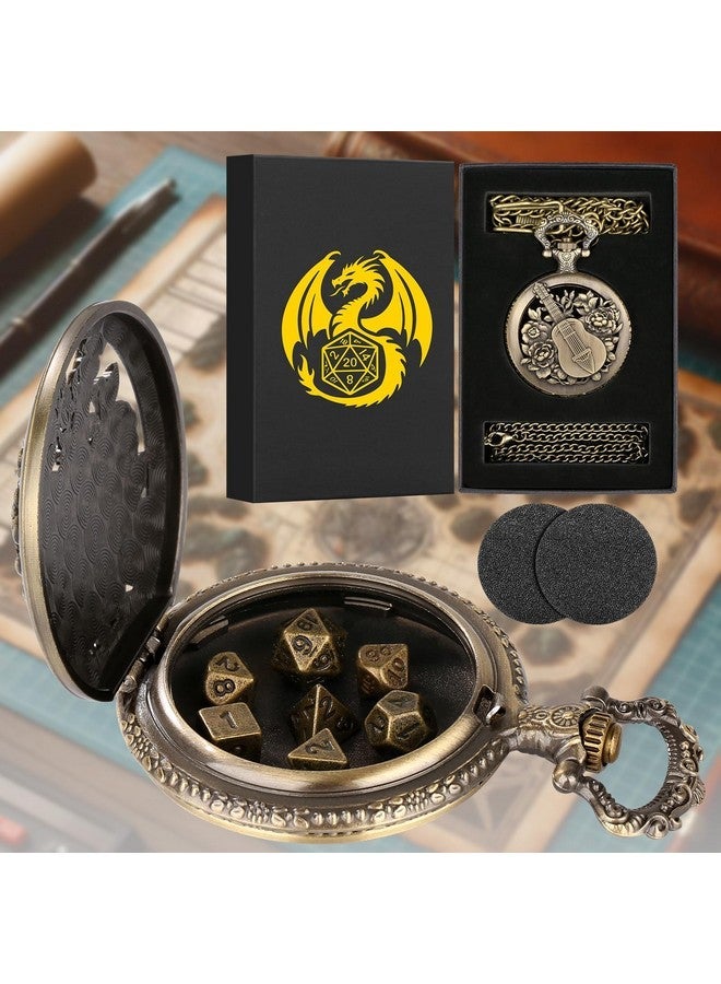 Keller & Weber Mini DND Dice Set Steampunk Hollow Bard Pocket Watch Shell Case, 7pcs Tiny Polyhedral Metal D&D Dice Set, DND Gifts with Gift Box, Role Playing Board Games Accessories, Bronze - Image 2