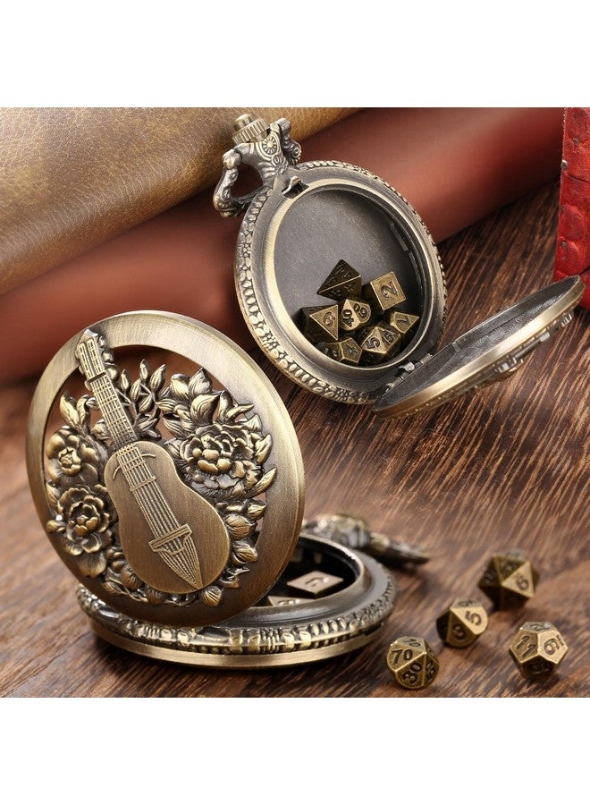 Keller & Weber Mini DND Dice Set Steampunk Hollow Bard Pocket Watch Shell Case, 7pcs Tiny Polyhedral Metal D&D Dice Set, DND Gifts with Gift Box, Role Playing Board Games Accessories, Bronze - Image 3