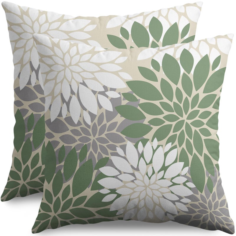 Smozenith Sage Green White Grey Gray Pillow Covers 18X18 Inch Set of 2  Spring Modern Geometry Dahlia Floral Print Decorative Throw Pillow Covers Outdoor Farmhouse Cushion Case for Couch Sofa Bed Decor  - Image 1