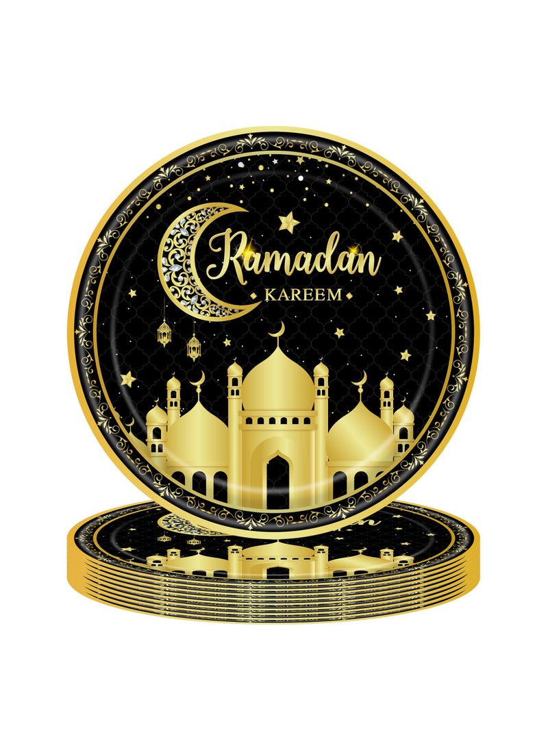general 170 Pcs Ramadan Party Supplies Decorations For Home Eid Ramadan Mubarak Banner Black And Gold Plates And Napkins Set Disposable Paper Plates Napkins Banner Tablecloth For Ramadan Party Decorations - Image 3