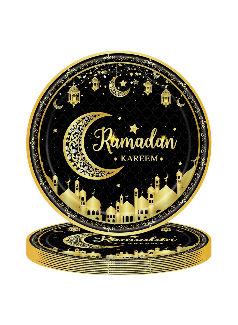general 170 Pcs Ramadan Party Supplies Decorations For Home Eid Ramadan Mubarak Banner Black And Gold Plates And Napkins Set Disposable Paper Plates Napkins Banner Tablecloth For Ramadan Party Decorations - Image 2
