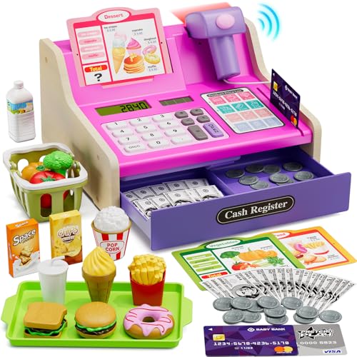 HYES Cash Registers for Kids Rechargeable Pretend Play Toys Supermarket Fast Food Restaurant Cashier Toy with Play Money Pretend Food Birthday Gifts for Kids Boy Girl Age 48 Pink - Image 1