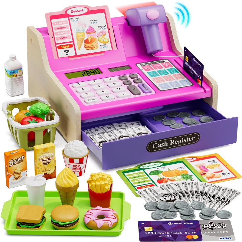 HYES Cash Registers for Kids Rechargeable Pretend Play Toys Supermarket Fast Food Restaurant Cashier Toy with Play Money Pretend Food Birthday Gifts for Kids Boy Girl Age 48 Pink - Image 3