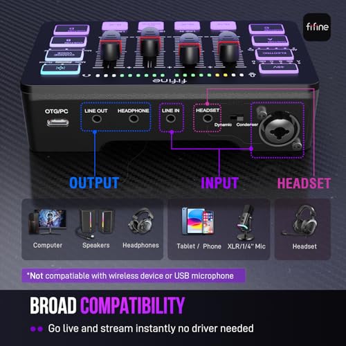 FIFINE Gaming Audio Mixer, Streaming RGB PC Mixer with XLR Microphone Interface, Individual Control, Volume Fader, Mute Button, 48V Phantom Power, for Podcast/Recording/Vocal/Game Voice-AmpliGame SC3 - Image 4