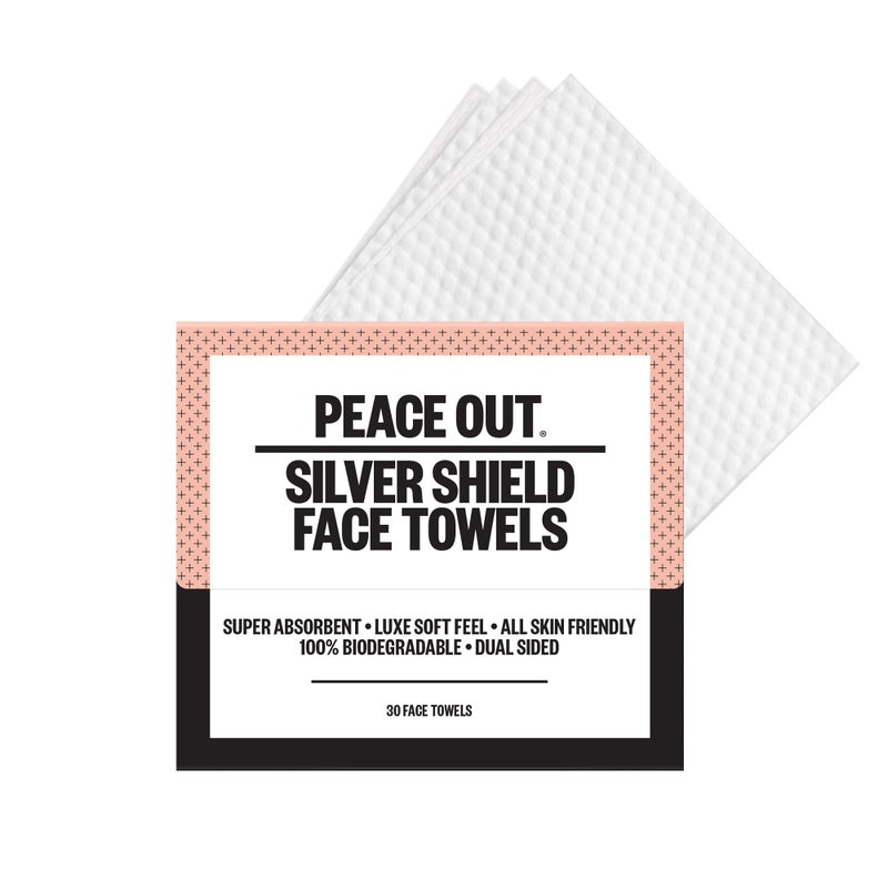 PEACE OUT Silver Shield Face Towels, Disposable Facial Towels for Sensitive Skin, Silver Citrate Infused, Dual Sided, Super Absorbent, Biodegradable, 30 Count - Image 1