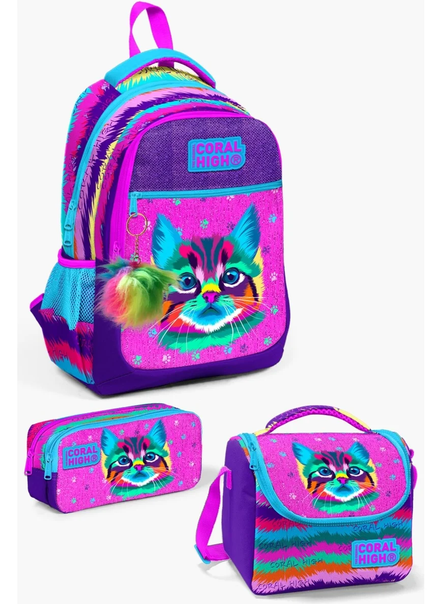 CORAL HIGH Purple Pink Cat Patterned 3-Piece School Bag Set SET0123477