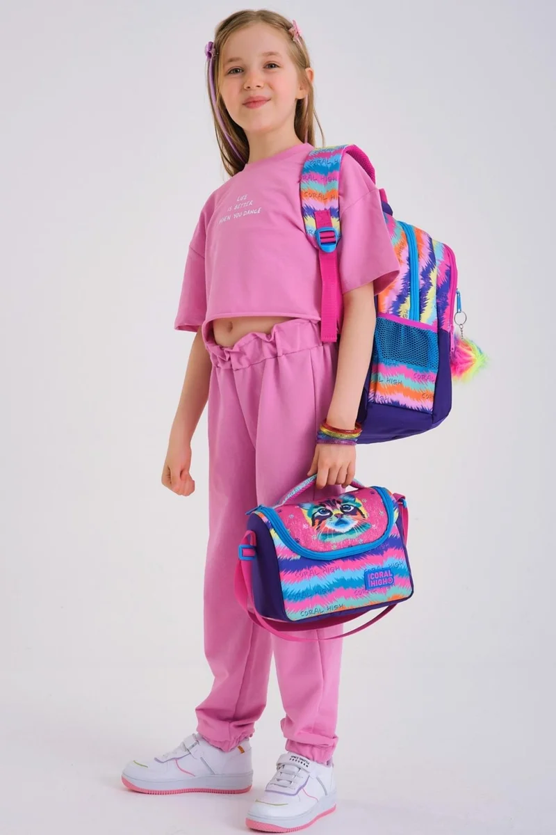 CORAL HIGH Purple Pink Cat Patterned 3-Piece School Bag Set SET0123477