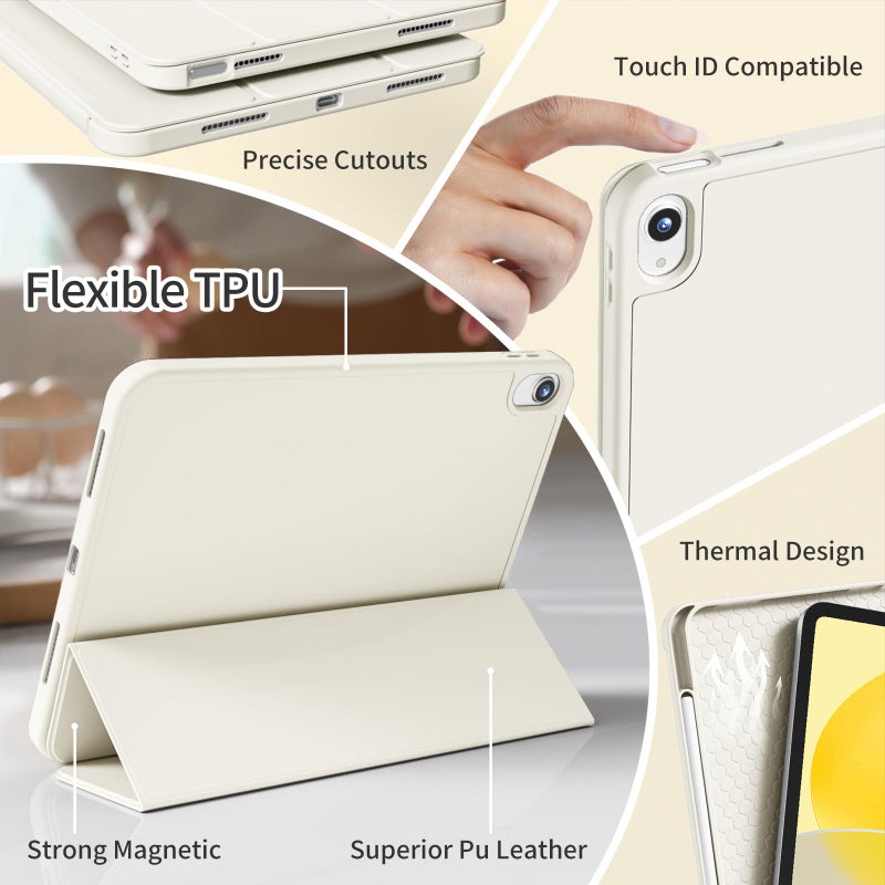 kenke Case for iPad (A16) 11 Inch 2025, iPad 10th Generation 10.9 Inch 2022, Slim Trifold Stand Case with Pencil Holder, Soft TPU Smart Back Cover, Auto Sleep/Wake, Cream White - Image 5