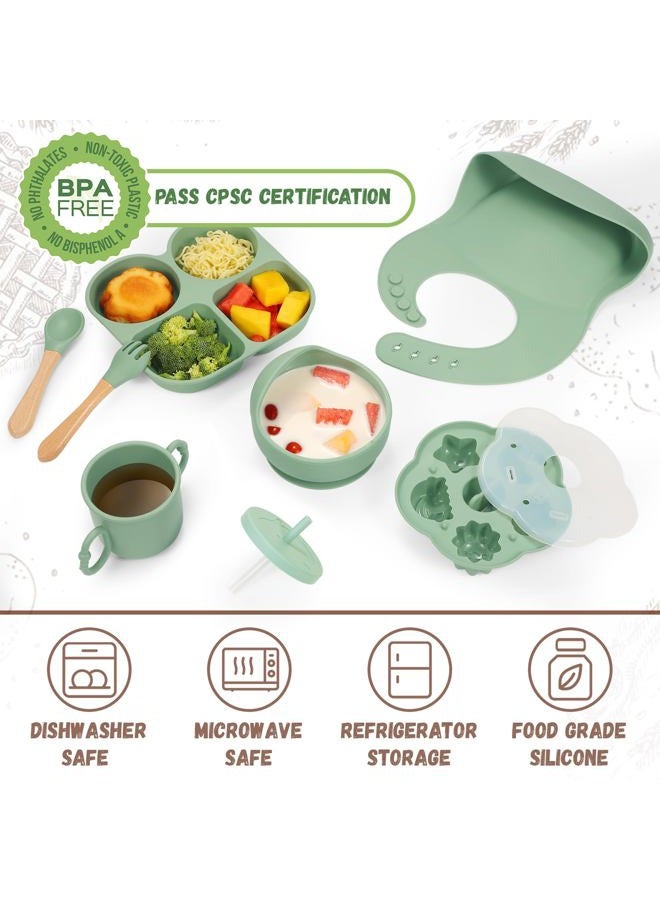 MIICASA Silicone Baby Feeding Set, Baby Led Weaning Supplies, Baby Food Tableware Silicone Suction Plate, Bowl, Spoons, Fork, Waterproof Bib, Cup & Complementary Food Cake Mold, Baby Eating Utensils - Image 2