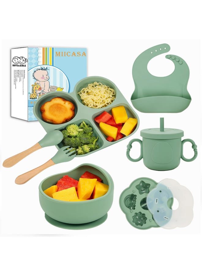 MIICASA Silicone Baby Feeding Set, Baby Led Weaning Supplies, Baby Food Tableware Silicone Suction Plate, Bowl, Spoons, Fork, Waterproof Bib, Cup & Complementary Food Cake Mold, Baby Eating Utensils - Image 1