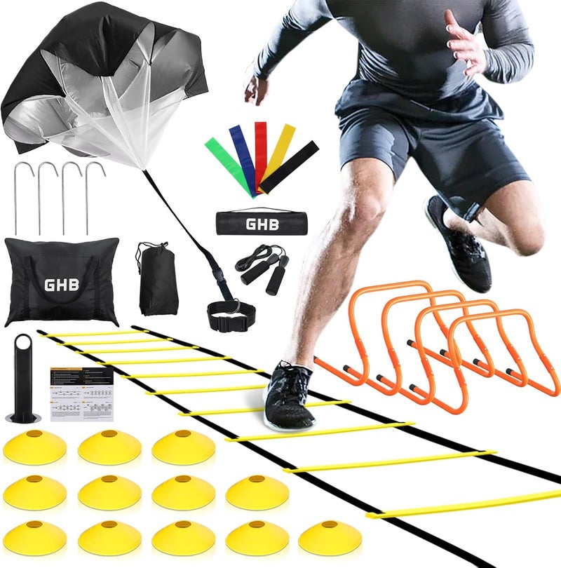 GHB Agility Ladder and Football Training Equipment Set with Hurdles, Parachute, Cones, and Resistance Bands - Image 1