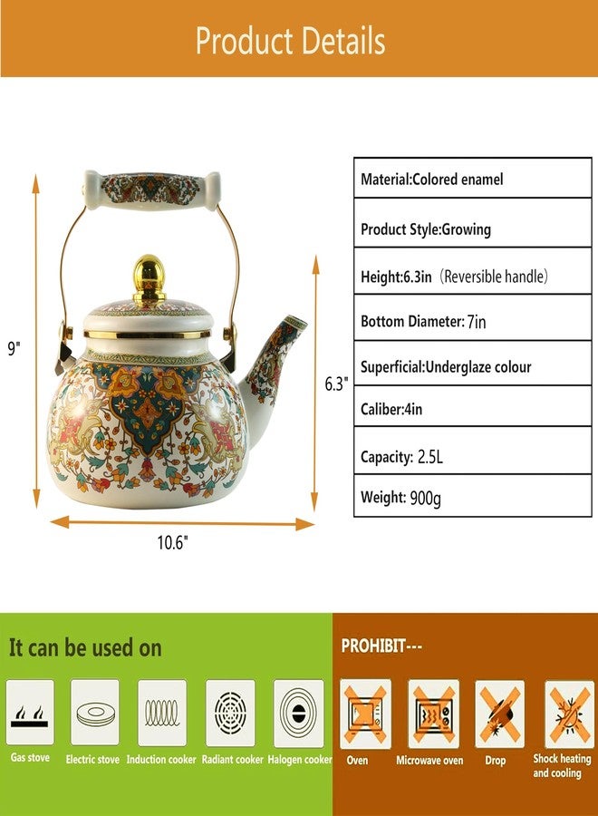 Leebright Floral Enamel Tea Kettle Vintage Gold Beige Teapot Colorful Boho Hot Water Coffee Kettle Pot 2.5L Porcelain Tea Pot with Ceramic Handle for Stovetop Hot Water Kitchen Decor - Image 2