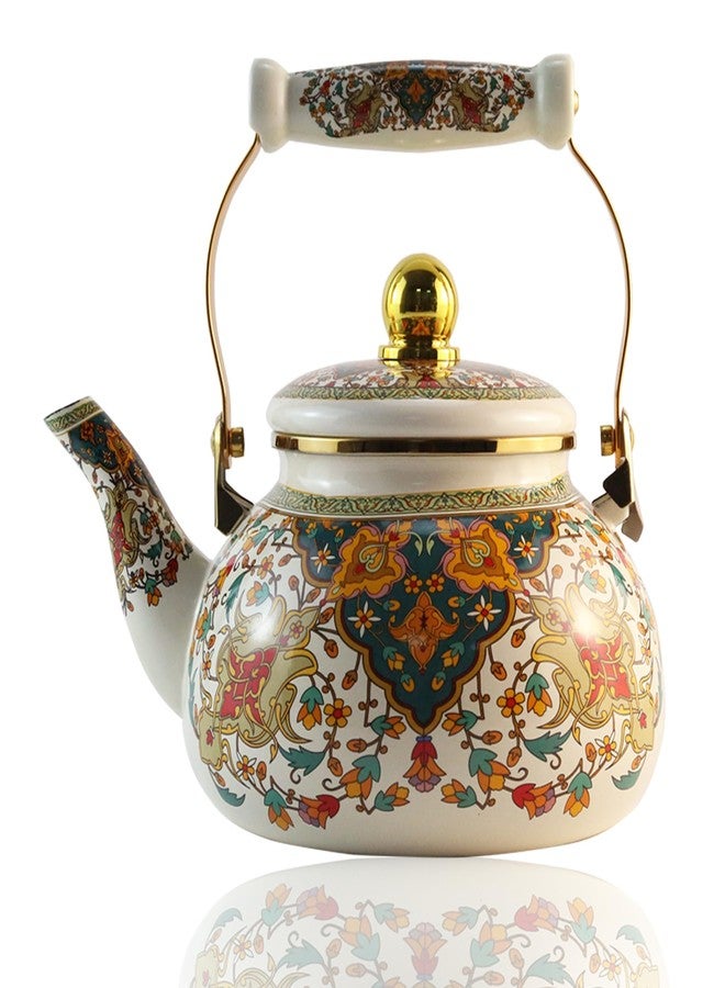 Leebright Floral Enamel Tea Kettle Vintage Gold Beige Teapot Colorful Boho Hot Water Coffee Kettle Pot 2.5L Porcelain Tea Pot with Ceramic Handle for Stovetop Hot Water Kitchen Decor - Image 1