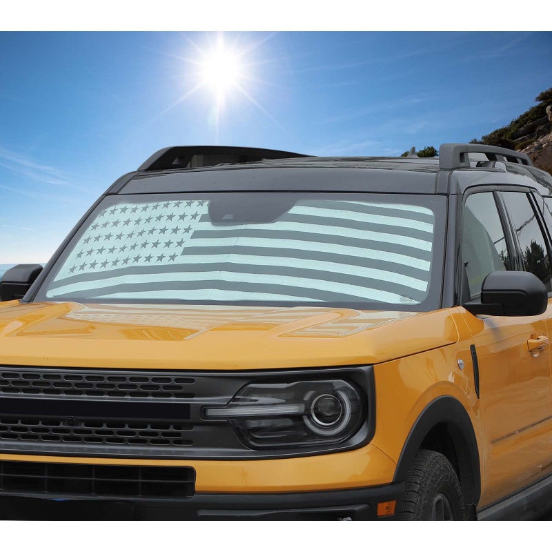 JWWY Windshield Sunshade Window Sun Shade for 2021-2025+ Ford Bronco Sport Accessories,Foldable Sun Shield Upgrade Reflective Polyester Cover Block Heat and Block UV Rays US Flag - Image 3
