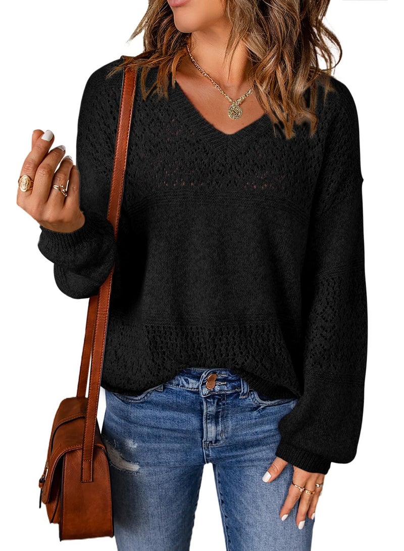 Shein SHEWIN Fall Sweaters for Women 2025 Casual Long Sleeve V Neck Lightweight Crochet Sweater Hollow Out Cable Knit Pullover Jumper Solid Womens Tops Loose Fit, L, Black - Image 5