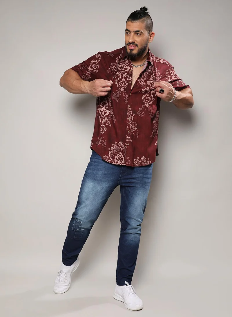 Instafab Plus Instafab Plus Men's Brown Ethnic Motif Shirt For Casual Wear | Spread Collar | Short Sleeve | Button Closure | Rayon Slub Lycra Shirt Crafted With Comfort Fit For Everyday Wear