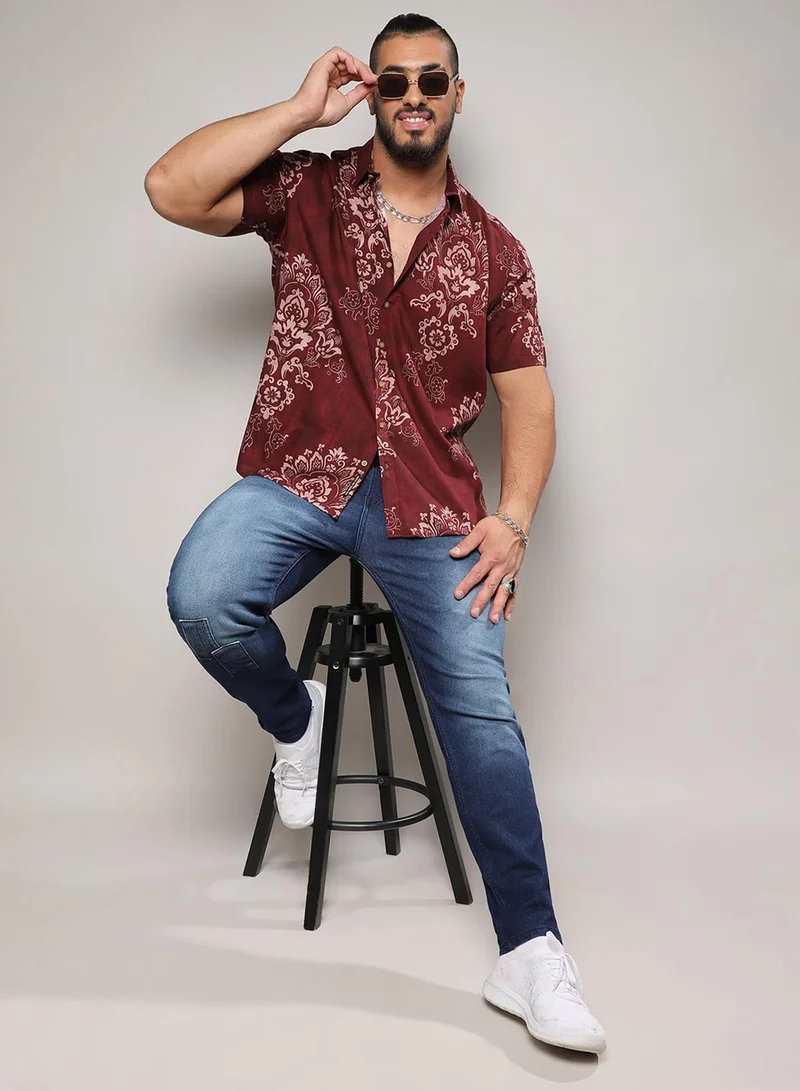 Instafab Plus Instafab Plus Men's Brown Ethnic Motif Shirt For Casual Wear | Spread Collar | Short Sleeve | Button Closure | Rayon Slub Lycra Shirt Crafted With Comfort Fit For Everyday Wear