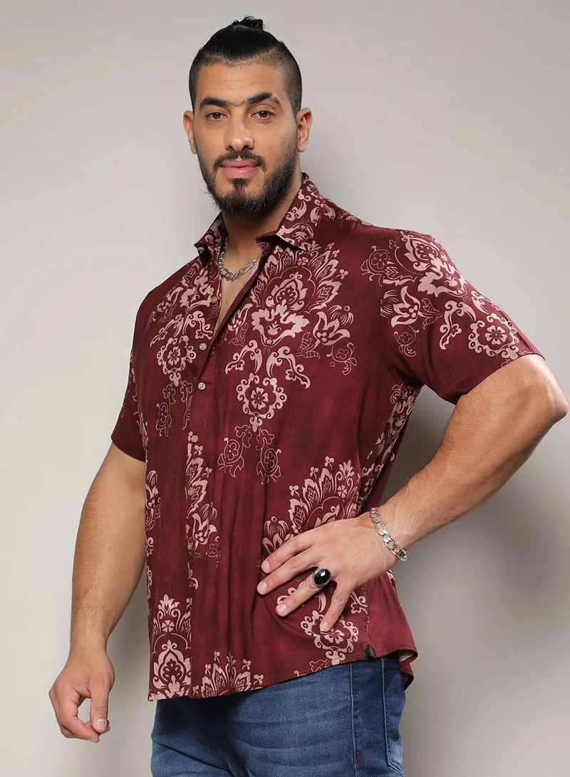 Instafab Plus Instafab Plus Men's Brown Ethnic Motif Shirt For Casual Wear | Spread Collar | Short Sleeve | Button Closure | Rayon Slub Lycra Shirt Crafted With Comfort Fit For Everyday Wear