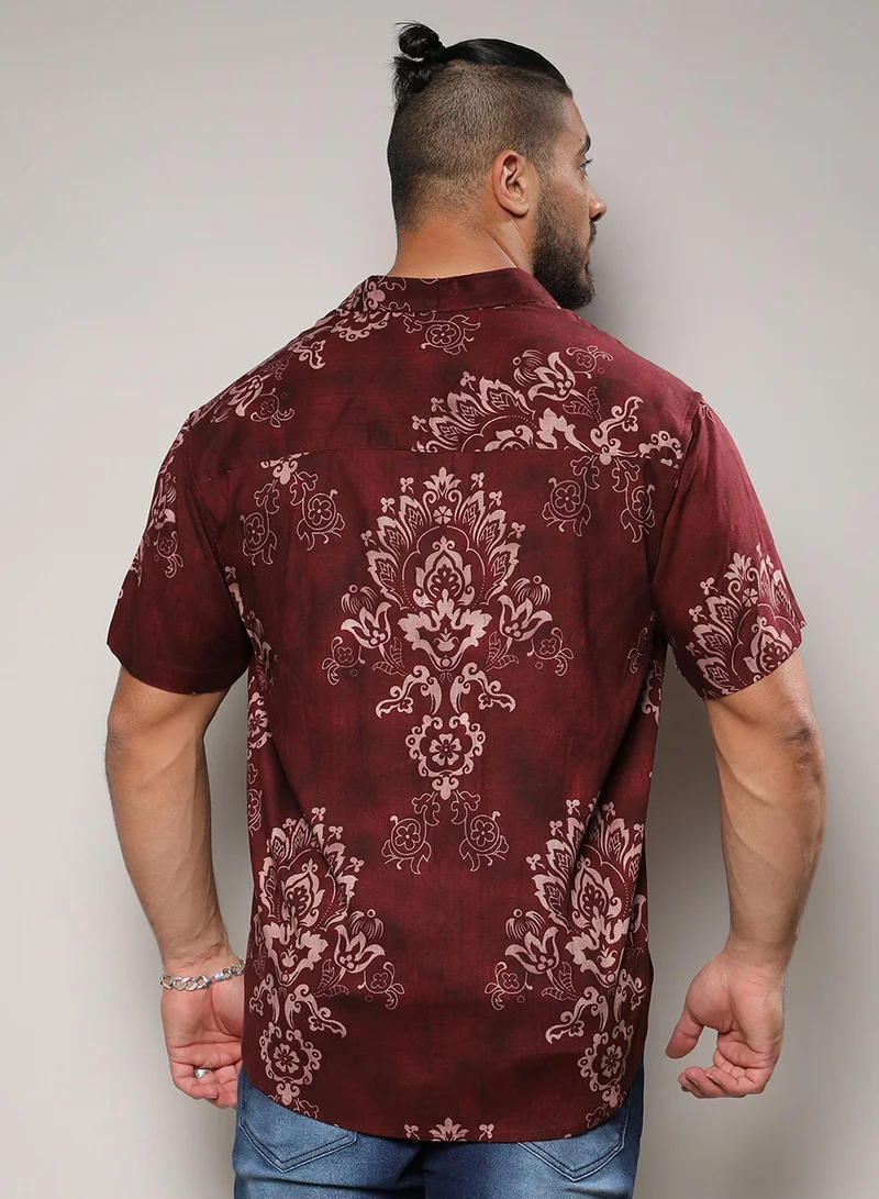 Instafab Plus Instafab Plus Men's Brown Ethnic Motif Shirt For Casual Wear | Spread Collar | Short Sleeve | Button Closure | Rayon Slub Lycra Shirt Crafted With Comfort Fit For Everyday Wear