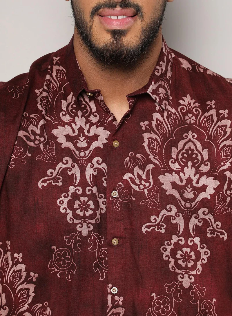 Instafab Plus Instafab Plus Men's Brown Ethnic Motif Shirt For Casual Wear | Spread Collar | Short Sleeve | Button Closure | Rayon Slub Lycra Shirt Crafted With Comfort Fit For Everyday Wear