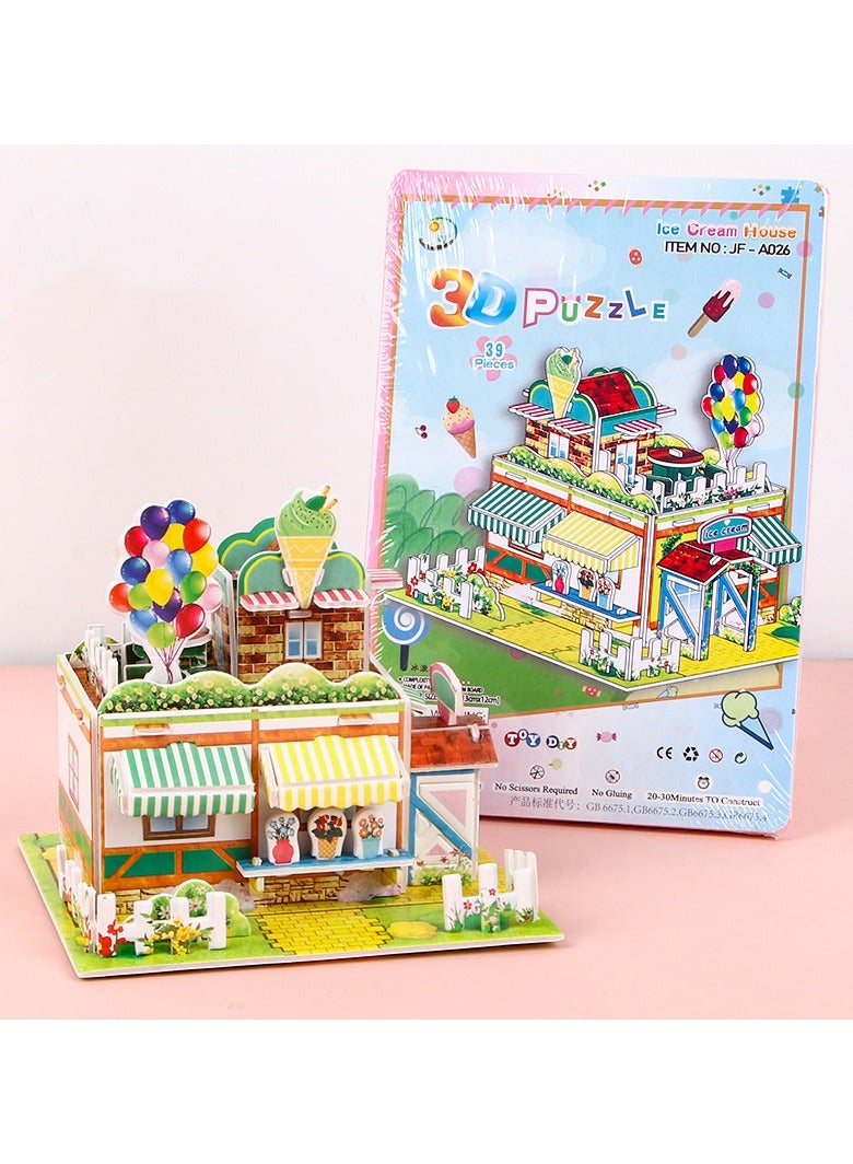 3 Pack Creative 3D Puzzle Student Cartoon DIY Handmade Children's 3-6 Year Old Early Education Puzzle Toy, Ice Cream Shop+Supermarket+Holiday Inn - Image 3