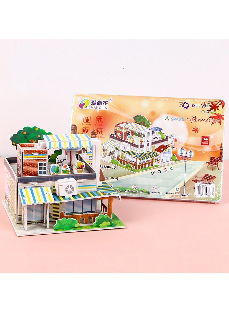 3 Pack Creative 3D Puzzle Student Cartoon DIY Handmade Children's 3-6 Year Old Early Education Puzzle Toy, Ice Cream Shop+Supermarket+Holiday Inn - Image 2