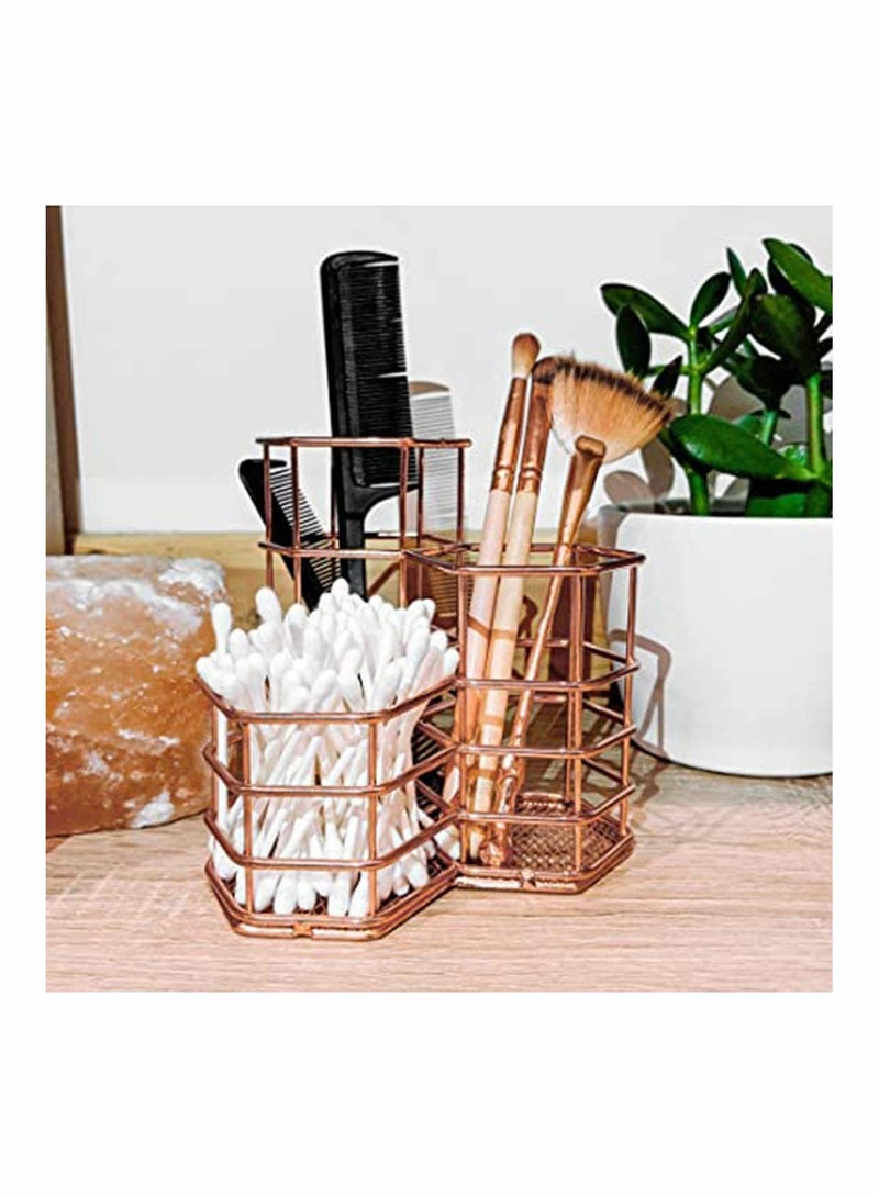 Y&D Metal Pen Pot, Hexagon Hollow Rose Gold Copper Wire Mesh Brush Holder Cup Container, Makeup Brushes Storage Basket, Desk Tidy Office Organizer, Rust-Proof Pencil Pot  - Image 1