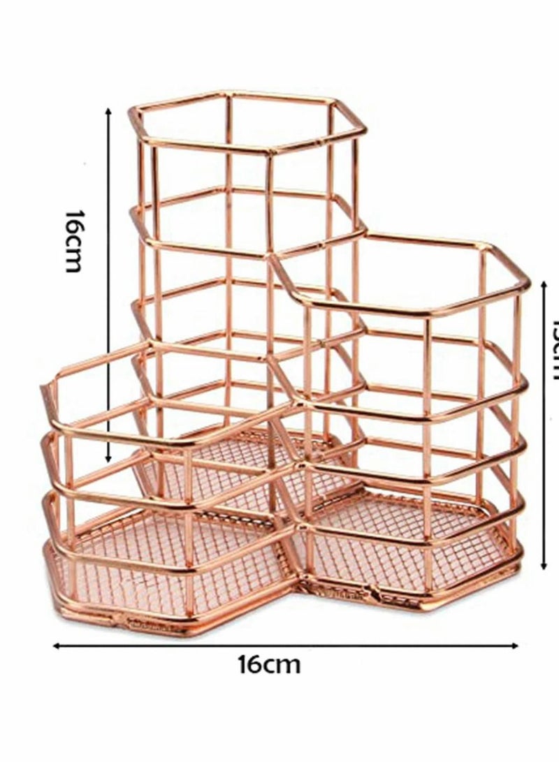 Y&D Metal Pen Pot, Hexagon Hollow Rose Gold Copper Wire Mesh Brush Holder Cup Container, Makeup Brushes Storage Basket, Desk Tidy Office Organizer, Rust-Proof Pencil Pot  - Image 2