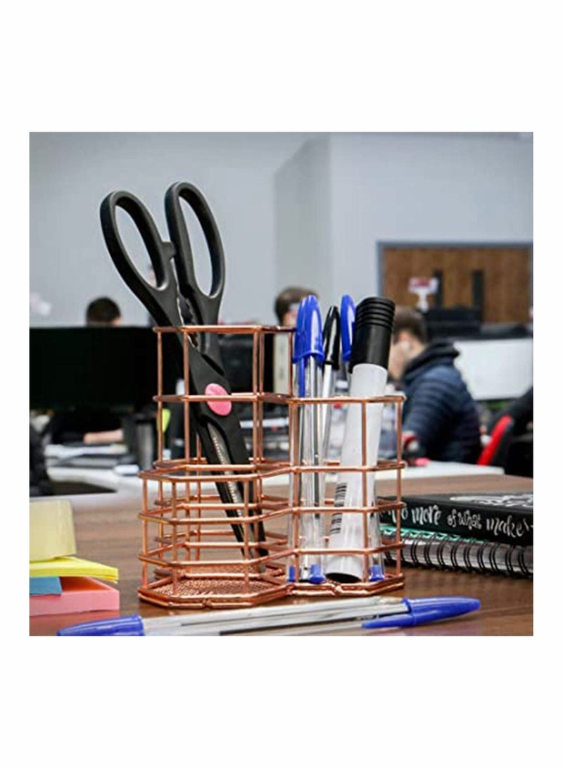Y&D Metal Pen Pot, Hexagon Hollow Rose Gold Copper Wire Mesh Brush Holder Cup Container, Makeup Brushes Storage Basket, Desk Tidy Office Organizer, Rust-Proof Pencil Pot  - Image 3
